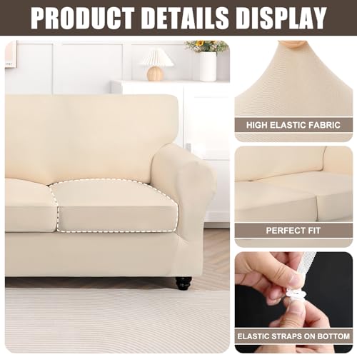 SearchI Stretch Sofa Cover Printed Couch Cover, Floral Pattern 4 Pieces Sofa Slipcover with 3 Separate Cushion Cover, Washable Furniture Protector for Living Room(Sofa, Yellow+Flower)