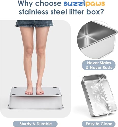 Suzzipaws Enclosed Stainless Steel Cat Litter Box with Lid Extra Large Litter Box for Big Cats XL Metal Litter Pan Tray with High Wall Sides Enclosure, Non-Sticky, Anti-Leakage (Grey)