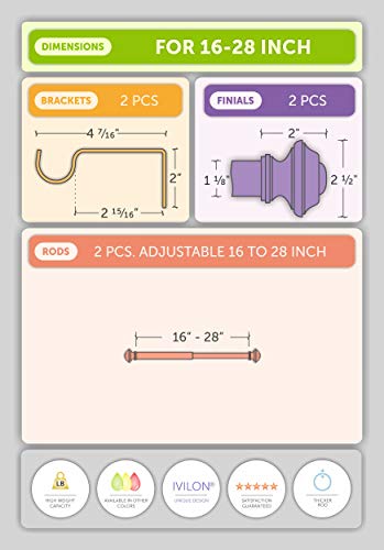 Ivilon Square Designed Style Window Side Curtain Rod, 1 1/8 inch Diameter. 16 to 28 Inch - Black