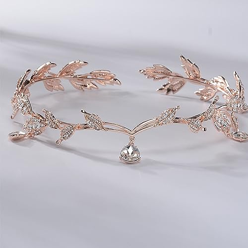 MR Crystal Leaf Wedding Tiara for Bride, Bridal Forehead Diadem Headband, Gold Costume Party Crown Headpiece Festival Holloween Hair Accessories for Women