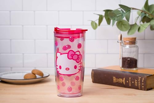 Silver Buffalo Sanrio Hello Kitty Strawberry Double Wall Travel Tumbler with Slide Close Lid, 20 Ounces