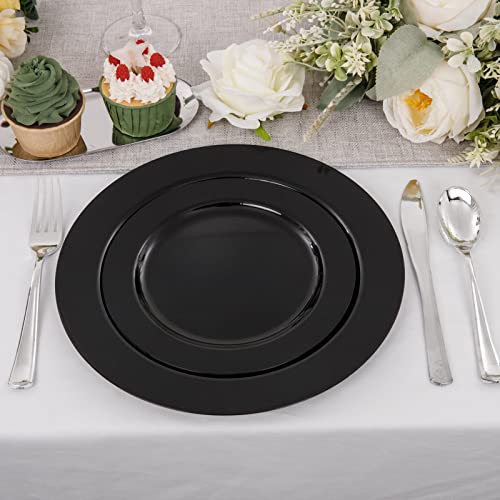 FLOWERCAT 60PCS Black Plastic Plates - Heavy Duty Black Disposable Plates for Party/Wedding - Include 30PCS 10.25inch Black Dinner Plates and 30PCS 7.5inch Black Dessert/Salad Plates