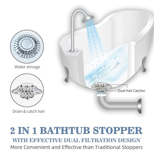 Upgraded 2 in 1 Bathtub Drain Stopper Bathtub Drain Hair Catcher, Effective Tub Stopper with Dual Filtration Design, Anti-Clogging Bathtub Drain Plug Bath Tub Stoppers for 1.45-1.8" Drain Shoe