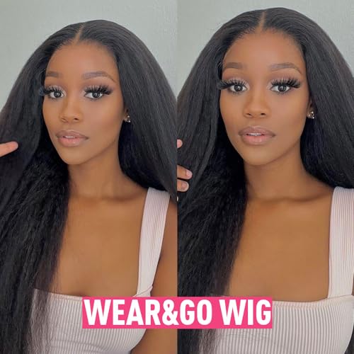 Domiso Glueless Wig Human Hair Yaki Hair Pre Cut 6x4.6 HD Lace Wig Knots Bleached Kinky Straight Lace Front Wigs Human Hair for Women Natural Hairline Pre Plucked Breathable Cap 200% Density 16 Inch