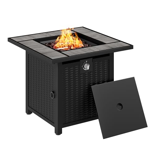 Meilocar Fire Table 28in Propane Fire Pit with Rain Cover and Volcanic Stone, Outdoor Firepit Table 50000 BTU 3-in-1 Patio Firepit Table for Garden/Yard/Balcony, Gray Tabletop