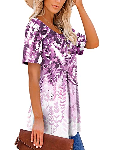 ONLYSHE Casual Shirts for Woman Short Sleeve Fit and Flare Vneck Button Summer Floral Blouse TealWhite S