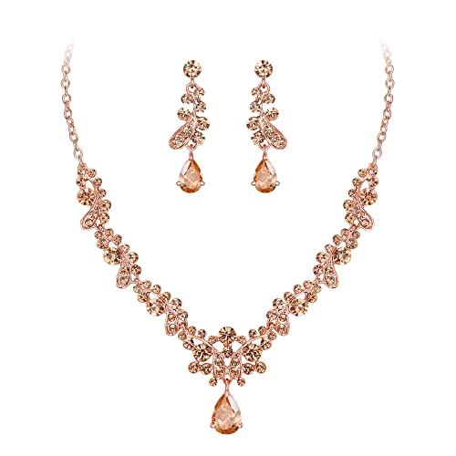 EleQueen Women's Wedding Jewelry for Bride, Champagne Rose Gold Plated Round and Leaf Austrian Crystal Necklace Dangle Earrings Sets for Bridesmaid Party