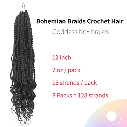 Niseyo Goddess Box Braids Crochet Hair 12 Inch 8 Packs Short Crochet Box Braids Pre Looped Curly Ends Gray Boho Style Synthetic Hair (Tgrey/Ombre Grey)
