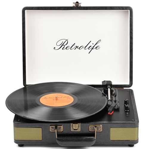 Retrolife Record Player 3 Speed Bluetooth Portable Suitcase Vinyl Player with Built-in Speakers Turntable Enhanced Audio Sound PU Leather Vintage Black