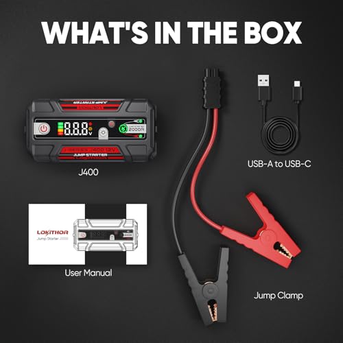 LOKITHOR J400 2000A 12V Portable Lithium Jump Starter, Car Battery Booster Pack, USB-C Powerbank Charger, and Jumper Cables for Upto 8.0-Liter Gas and 6.0-Liter Diesel Engines, Smart Digital Screen