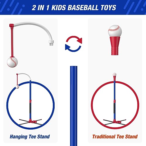 HYES 3-in-1 Baseball Set for Kids 3-5 - Tee Ball Stand, Hanging Tee, Ball Launcher and 6 Softballs - Adjustable Height, Indoor/Outdoor Sport Gifts for Boys, Blue