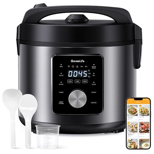 GoveeLife Smart Rice Cooker, 6-in-1 Multi-Cooker, Slow Cooker, Yogurt Maker, Saute Pan, Steamer, Food Warmer, 1000W, 10-Cup Uncooked 5.2 Quart, Includes App with 33 Recipes