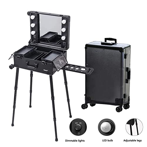 Kemier Makeup Case,Professional Artist Studio Cosmetic Train Table w/4 Rolling Wheels & Lights & Mirror,Pro Makeup Station,Cover Board and Easy Clean Extendable Trays,Adjustable Legs,Sturdy (Black)