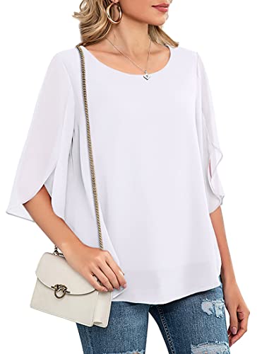 Neineiwu Women's Casual Chiffon Blouse Tops Half Ruffle Split Sleeve Shirt (White Leaves/Red M)