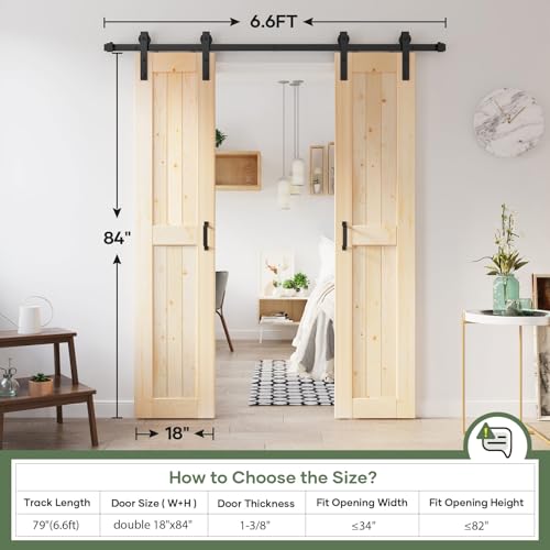 ROYMELO 36x84 inch (Double 18×84 inch Door) Sliding Barn Wood Door Slab with 6.6ft Hardware Kit, Requires Simple DIY Assembly