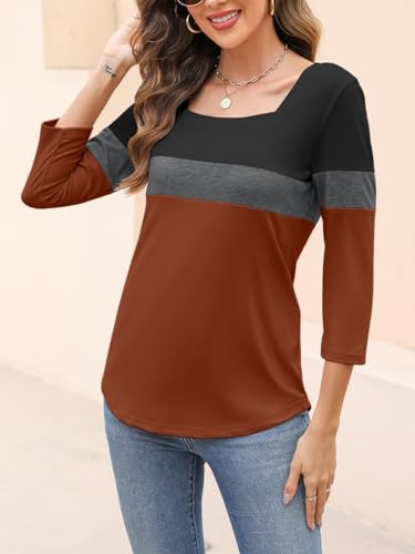 TICTICMISS Women's 3/4 Sleeve T Shirts Square Neck Summer Tops Dressy Casual Ladies Blouses Tops B-Black