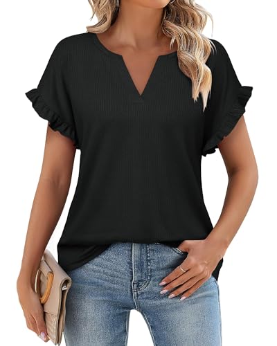 Youtalia Summer Blouses for Women 2024 Trendy Ruffled Sleeve Tops Ladies V Neck Shirts Solid Color Knit Ribbed T Shirts Lightweight Tunic Blouses for Work Black M