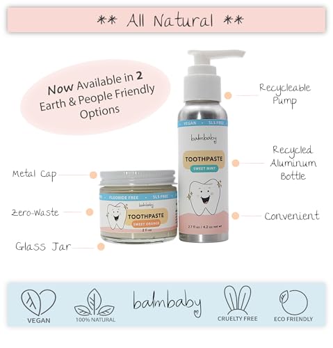 Kids All Natural Fluoride Free Toothpaste by Balm Baby Brand – SLS Free Toothpaste with Xylitol, Vegan, Gluten Free, BPA Free, Glass Jar Zero Waste Children’s Teeth Paste (2PK Mint)