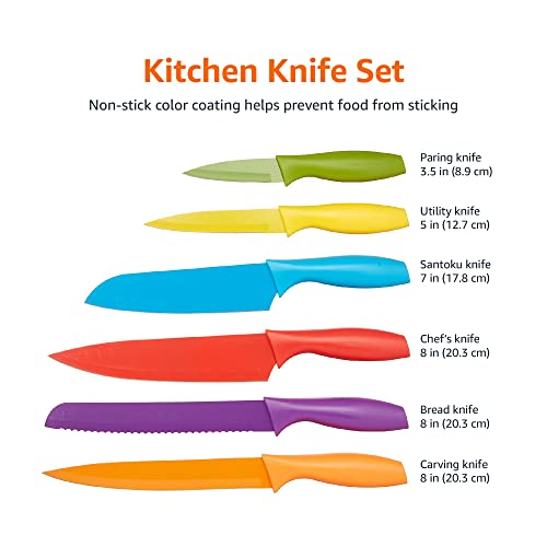 Amazon Basics Color-Coded Dishwasher Safe Kitchen 12-Piece Knife Set, 6 Knives with 6 Blade Guards, Multicolor, 13.88 x 4.13 x 1.38 inch