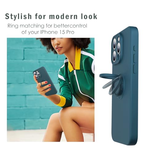 ABITKU Compatible with iPhone 15 Pro (6.1 inch) Silicone Case - Ring Kickstand, Includes Strap Rope - Stylish & Durable, Suitable for Women and Girls 2023, Blue