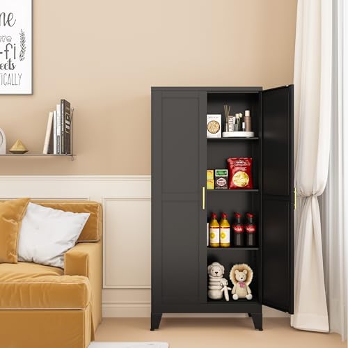 GAIOUS Metal Storage Cabinet, Pantry Storage Cabinets with 2 Door and 3 Adjustable Shelves, Black Kitchen Food Storage Cabinet, Metal Utility Cabinet for Kitchen Office Laundry Room Bedroom