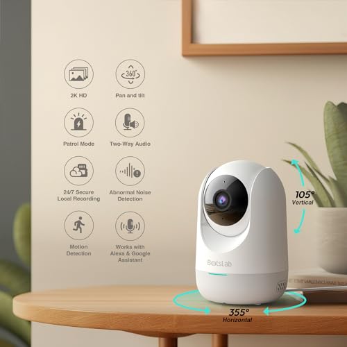 BOTSLAB Indoor 5M Pan Tilt Zoom Smart Security Camera, AI Human and Motion Detection PTZ Indoor Camera for Home, 2-Way Audio and Night Vision for Baby, Pet, Elder, Compatible with Alexa