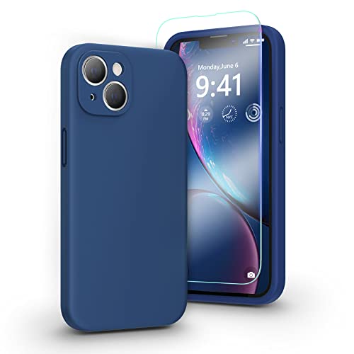 pcgaga Liquid Silicone Case for iPhone 14 with Screen Protector [Camera Protection] [Microfiber Lining] Slim Shockproof Protective Phone Cover, 6.1 Inch, Blue Jay