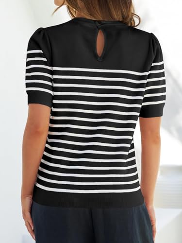 ZESICA Women's Casual Striped Tops Short Sleeve Crew Neck Ribbed Knit T Shirts Comfy Loose Basic Pullover Sweater,Black,Small