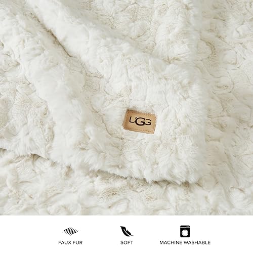 UGG 25518 Amanda Silky Smooth Extra Long Breathable Lightweight Elegant Fluffy Fuzzy Soft Luxury Cozy Faux Fur All Season Easy Care Throw Blanket for Sofa Couch or Any Room Decor, 70 x 50-inch, Stone.