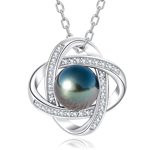 mihiarii Tahitian Black Pearl Necklace Celtic Love Knot Pendant Moissanite Sterling Silver 9MM Pearl Birthday Anniversary Mothers Day Valentines Day Christmas Gifts for Mom Her Women