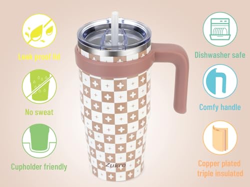 Zukro 24 oz Triple Insulated Tumbler with Handle - Leak Proof Stainless Steel Cup with Straw & Lid - No Sweat Double-wall Travel Mug for Hot and Cold Drinks - Dishwasher Safe, Cupholder Friendly