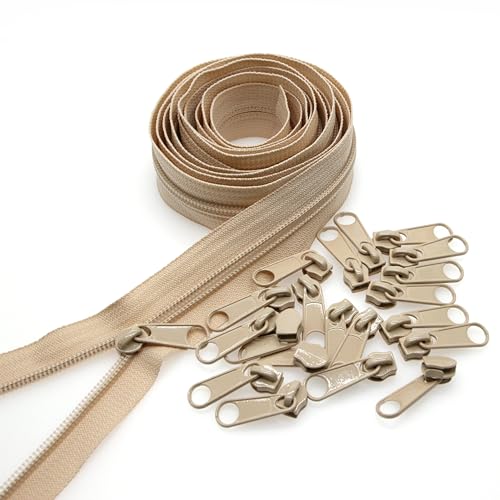 Leekayer #3 Beige Nylon Coil Sewing Zippers by The Yards Bulk 10 Yards with 25pcs Sliders for DIY Tailor Sewing Craft Bags,Luggage,Dress,Sofa Cushion,Pillow(Beige)