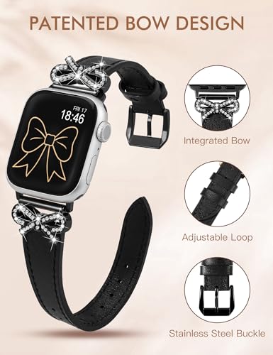 TOYOUTHS Bow Leather Band Compatible with Apple Watch Band 41mm 40mm 38mm Women, Top Grain Leather Strap Thin Slim Fancy Dressy Cute Designer Wristband for iWatch Series 9 SE 8 7 6 5 4 3 2 1