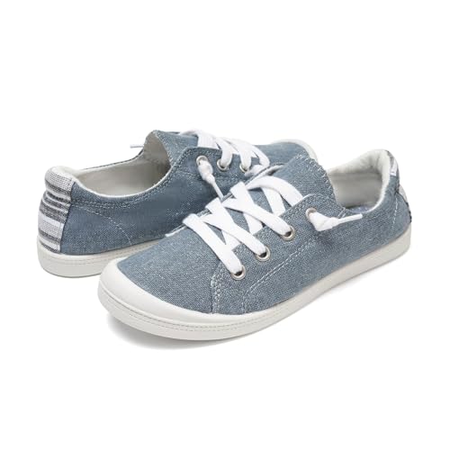 FUNKYMONKEY Women's Canvas Sneakers, Classic Low Top Comfort Lace up Slip-On Casual Flat Walking Shoes (6 M US, Denim/JD)