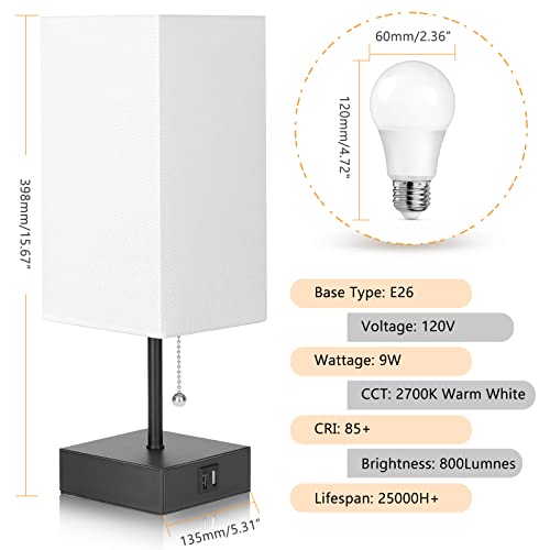 GGOYING Pull Chain Table Lamp, Bedside Lamps with 2 USB Charging Ports, 2700K LED Bulb, White Linen Lampshade for Living Room, Dorm, Office, Home