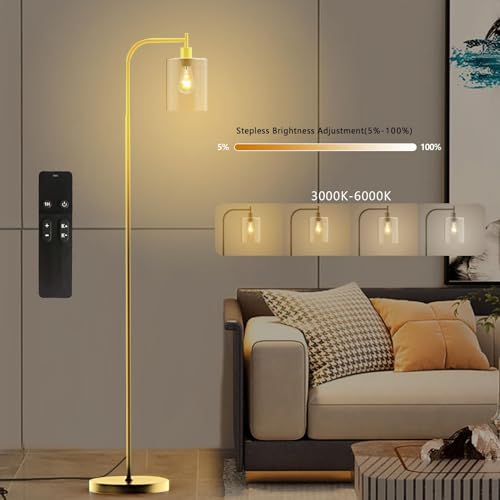 PAZZO LED Floor Lamp, Industrial Standing Lamp with Glass Lampshade, Ideal for Living Room, Bedroom, and Office,Gold(Includes Remote Control)