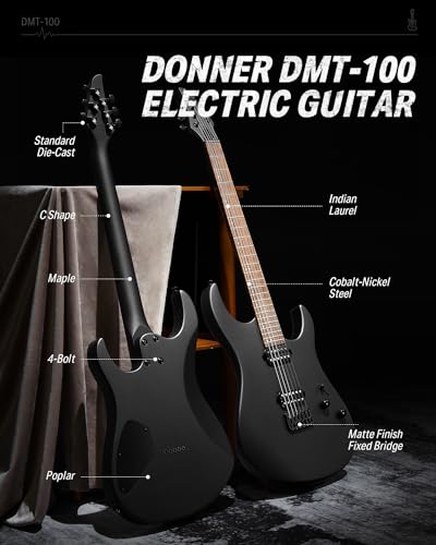 Donner Solid Body Electric Guitar, Matte Finish 39 Inch Metal Electric Guitar Beginner Kits with Bag, Strings, Strap, Cable, Strings Dampener for Rock Music Lover, DMT-100 (Matte Black)