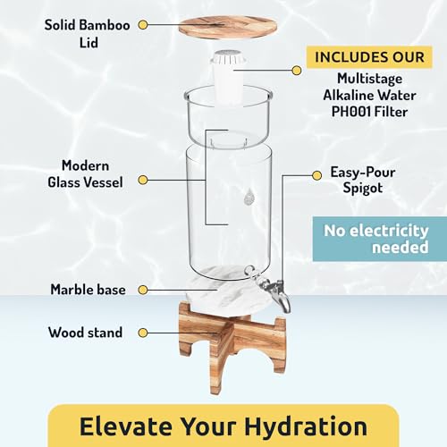 Invigorated Water pH Recharge Alkaline Water Filter Dispenser – BPA-Free Glass Countertop Water Filter Pitcher Purifier for Home & Office, 36-Cup Capacity, 360L Long Filter Life (Acacia/Marble)