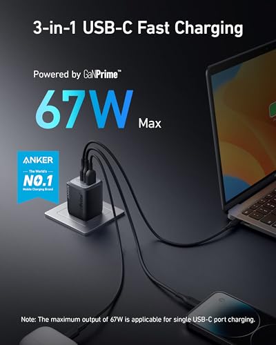 Anker Prime 67W USB C Charger, Anker GaN 3-Port Compact Fast PPS Wall Charger, For MacBook Pro/Air, Pixelbook, iPad Pro, iPhone 15/14/Pro, Galaxy S23/S22, Note20, Pixel, Apple Watch