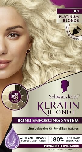 Schwarzkopf Keratin Blonde Hair Dye Platinum Blonde 001, Ultra Lightening Kit, 1 Application - Hair Bleach Enriched with Keratin, Lightens up to 9 Levels and Protects Hair from Breakage**