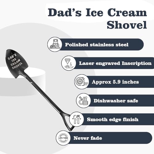 Gifts for Dad Stocking Stuffers for men dad father gifts Men Ice Cream Spoon Scoop for Ice Cream Lovers, Gifts for men Funny Engraved Stainless Steel Spoon Shovel, Birthday Fathers Gifts (Black)