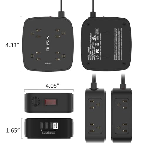 6 Ft Surge Protector Power Strip - YISHU 8 Widely Outlets with 4 USB Ports, 3 Side Outlet Extender with 6 Feet Flat Extension Cord, Ultra Flat Plug, Wall Mount, Desk USB Charging Station, ETL, Black