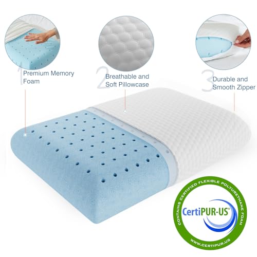 Sweetcrispy Memory Foam Pillow, Standard Size Pillows for Sleeping, Bed Pillow Soft and Comfortable, Cooling Hotel Pillow for Side Sleeper, Removable, Machine Washable Cover, 2 Pack