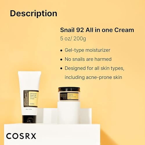 COSRX Snail Mucin 92% Moisturizer, Daily Repair Face Gel Cream Tube Type for Dry, Sensitive Skin, Not Tested on Animals, No Parabens, No Sulfates, No Phthalates, Korean Skincare (3.52Fl Oz / 100g)