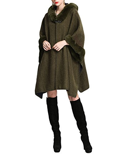 Gihuo Women's Luxury Batwing Sleeve Faux Fur Trim Hooded Cloak Poncho Winter Warm Wool Cape Cardigan Coat (One Size, Army Green)