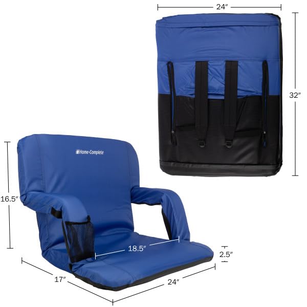 Home-Complete Wide Stadium Seat Chair - Bleacher Cushion with Padded Back Support, Armrests, 6 Reclining Positions and Portable Carry Straps (Blue)