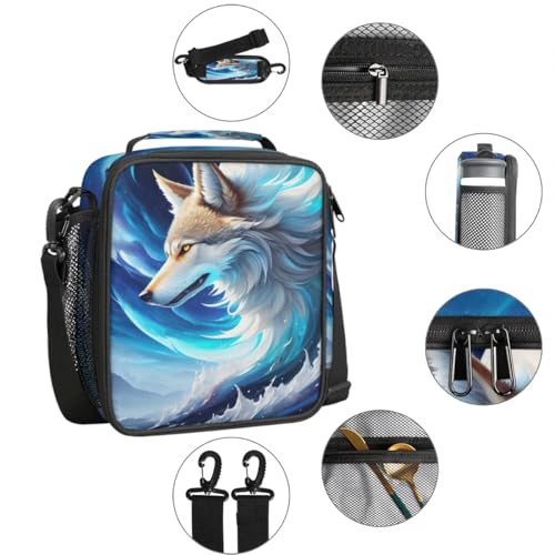 Abstract Wolf Insulated Lunch Bag for Girls Boys Teen Cool Galaxy Wolf Reusable Lunch Box with Shoulder Strap Freezable Thermal Cooler Bag Meal Prep Boxs for School Travel Picnic Beach Lunch Pail