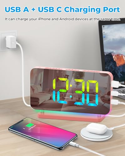 SZELAM Alarm Clock for Bedroom,7.4" Mirror Digital Clocks Large Display,with RGB Night Light, USB C Charger Port,Auto Dimming,LED Desk Clock for Kid Teen Girl Adults Room - Pink