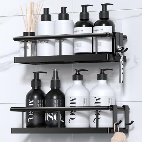 YASONIC Shower Caddy Adhesive, No Drill Bathroom Shower Organizers, with Removable Hooks, Rust Proof Shower Shelves, Wall-Mounted Shower Holder, Black, 2 Pack