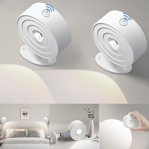DEALGADGETS LED Wall Lights 2Pcs, Motion Sensor Light Indoor with Rechargeable Battery Operated, Dimmable & 3 Color Temperatures, 360° Rotation & Magnetic for Bedside, Hallway, Stair